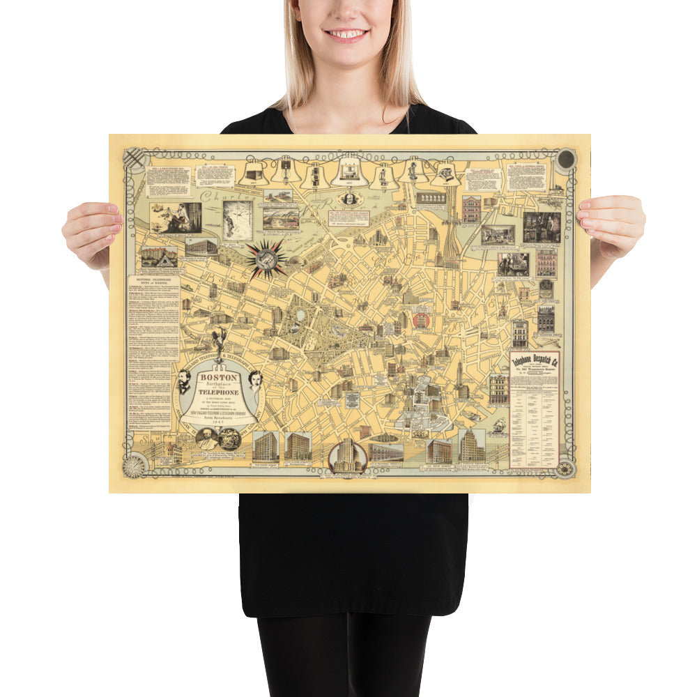 Antiguo mapa pictórico de Boston, 1947 Ernest Dudley Chase - Nacimiento del teléfono, Graham Bell, Beacon Hill, Centro de la ciudad