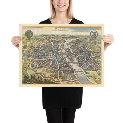 Old Map of Paris, 1655 by Caspar Merian - Ile Saint Louis and de la Cite, Pont Neuf, Seine, Notre Dame