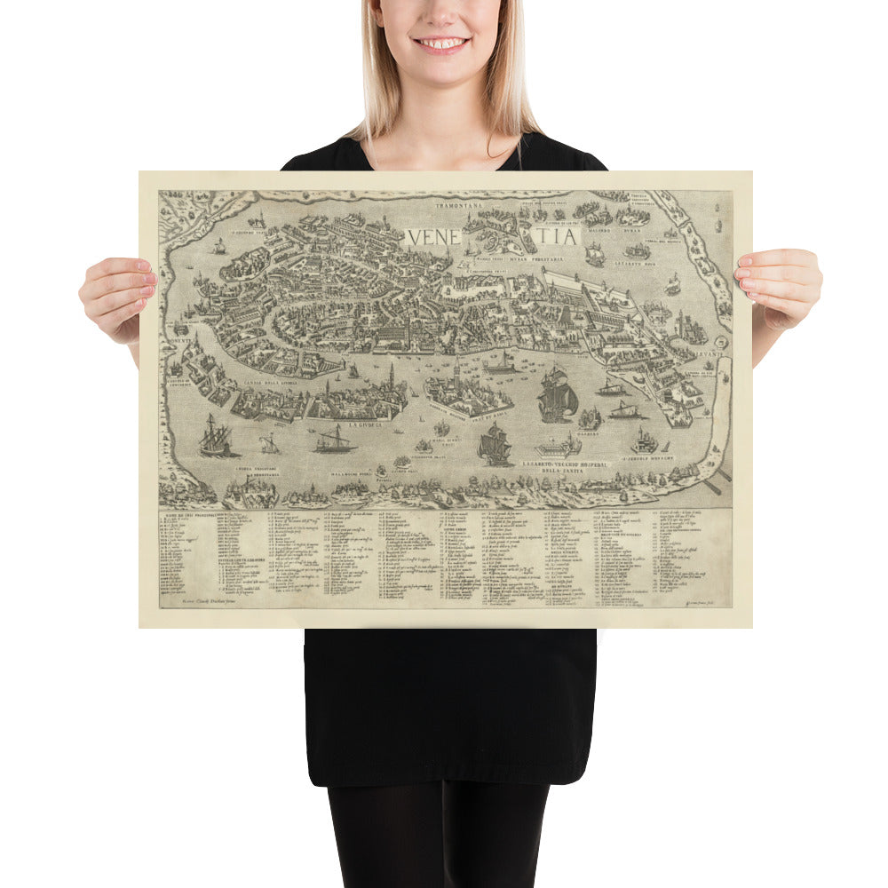 Seltene alte Karte von Venedig, 1570 von Claudio Duchetti - San Giorgio Maggiore, Giudecca, Canal Grande, Handelsschiffe 