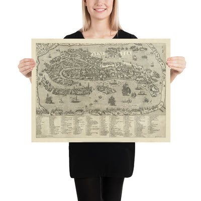 Seltene alte Karte von Venedig, 1570 von Claudio Duchetti - San Giorgio Maggiore, Giudecca, Canal Grande, Handelsschiffe 