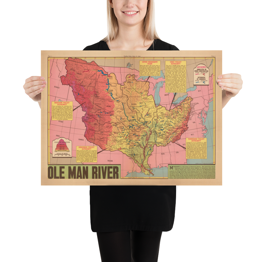 Alte Karte des Mississippi-Flussbeckens, 1945 - "Ole Man River" - Nachbarstaaten, Hochwasserschutz, Golf von Mexiko 