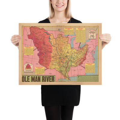 Alte Karte des Mississippi-Flussbeckens, 1945 - "Ole Man River" - Nachbarstaaten, Hochwasserschutz, Golf von Mexiko 
