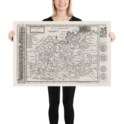 Old Map of Surrey 1724 by Herman Moll - Woking, Guildford, Croydon, Richmond, Lambeth, Southwark