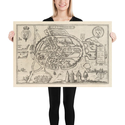 Old Map of Canterbury 1588 by Georg Braun - Castle, Cathedral, Church, City Walls