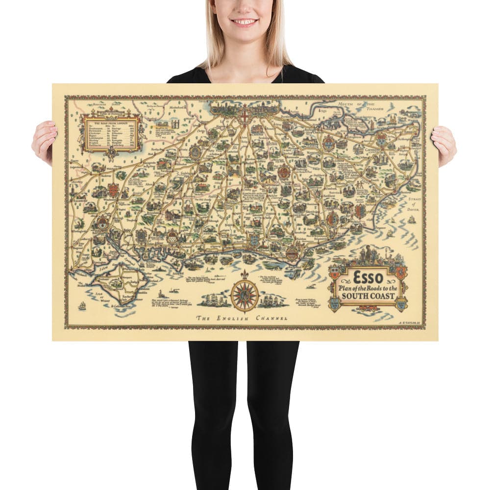 Esso Plan of Roads to the South Coast 1931 - Kent, Sussex, Surrey, Hampshire - Old Vintage Car Map - Pratts, Standard Oil