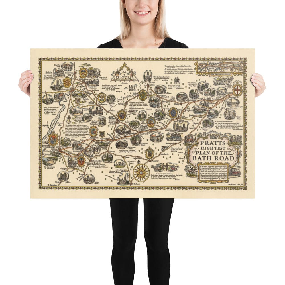 Pratts Plan of Bath Road, 1930 by A.E. Taylor - London, Berkshire, Wiltshire, Gloucestershire, Somerset - Old Vintage Car Map - Esso, Standard Oil