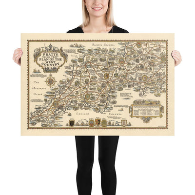 Pratts Plan des West Country, 1932 von A.E. Taylor - Somerset, Dorset, Devon, Cornwall - Alte Vintage-Autokarte - Esso, Standard Oil 