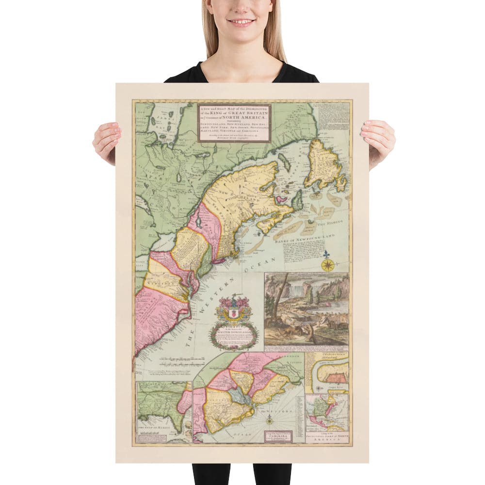 Alte Karte von Nordamerika 1715 von Herman Moll - Neuengland, Neuschottland, New York, Carolina, Französisch & Dreizehn britische Kolonien 