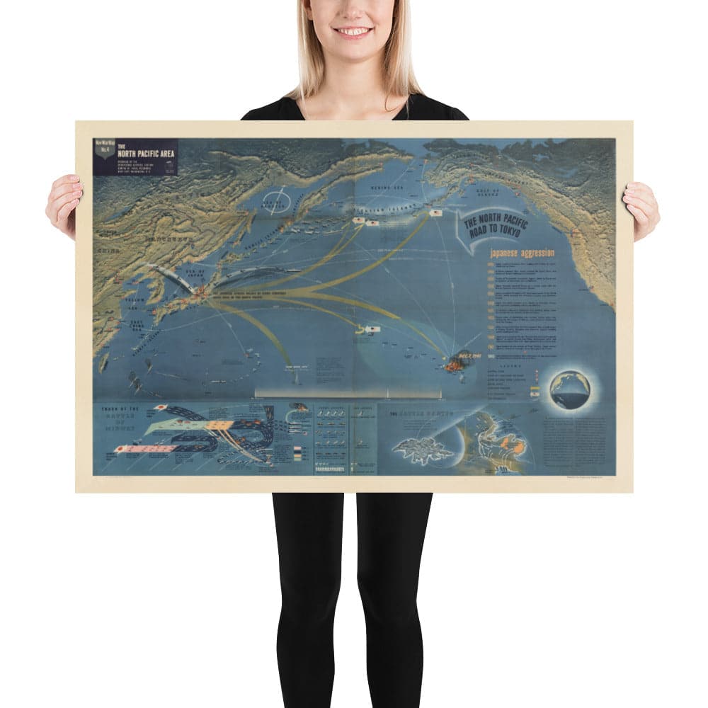 NavWarMap No. 4 - Old World War 2 Map, 1944 - Pacific Battles, Pearl Harbour, US vs. Japan - US Navy Educational & Propaganda Map