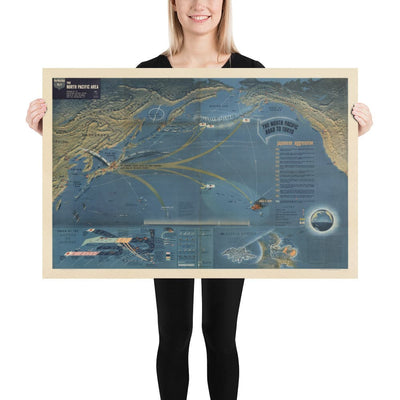 NavWarMap No. 4 - Old World War 2 Map, 1944 - Pacific Battles, Pearl Harbour, US vs. Japan - US Navy Educational & Propaganda Map