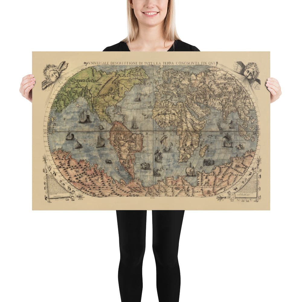 Old World Map, 1565 by Ferando Bertelli - Ancient Atlas Wall Chart - Terra Incognita, Cherubs, Australis