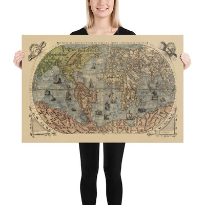 Old World Map, 1565 by Ferando Bertelli - Ancient Atlas Wall Chart - Terra Incognita, Cherubs, Australis