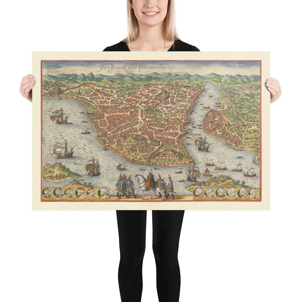 Mapa antiguo de Estambul, Constantinopla en 1572 por Georg Braun - Byzantium, Bosporus, Golden Horn, Topkapi Palace