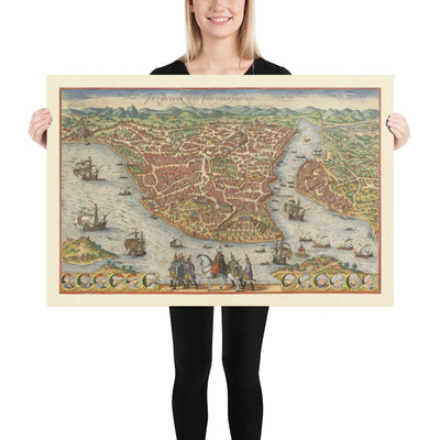 Mapa antiguo de Estambul, Constantinopla en 1572 por Georg Braun - Byzantium, Bosporus, Golden Horn, Topkapi Palace