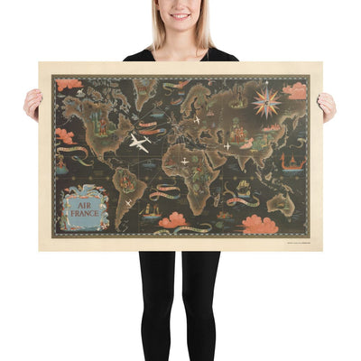 Old Air France World Map, 1947 by Lucien Boucher - Large Aircraft Route Wall Chart - Historical Airline Art