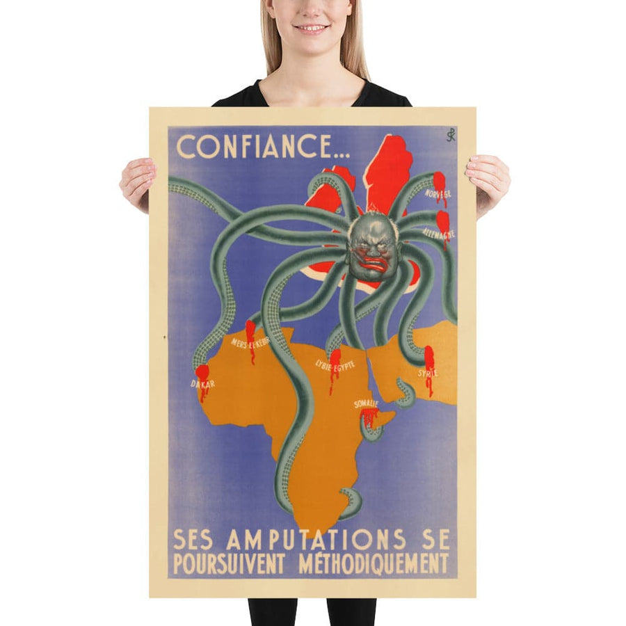 World War 2 Nazi Vichy France Propaganda Poster Map - Winston Churchill as a Tentacled Beast
