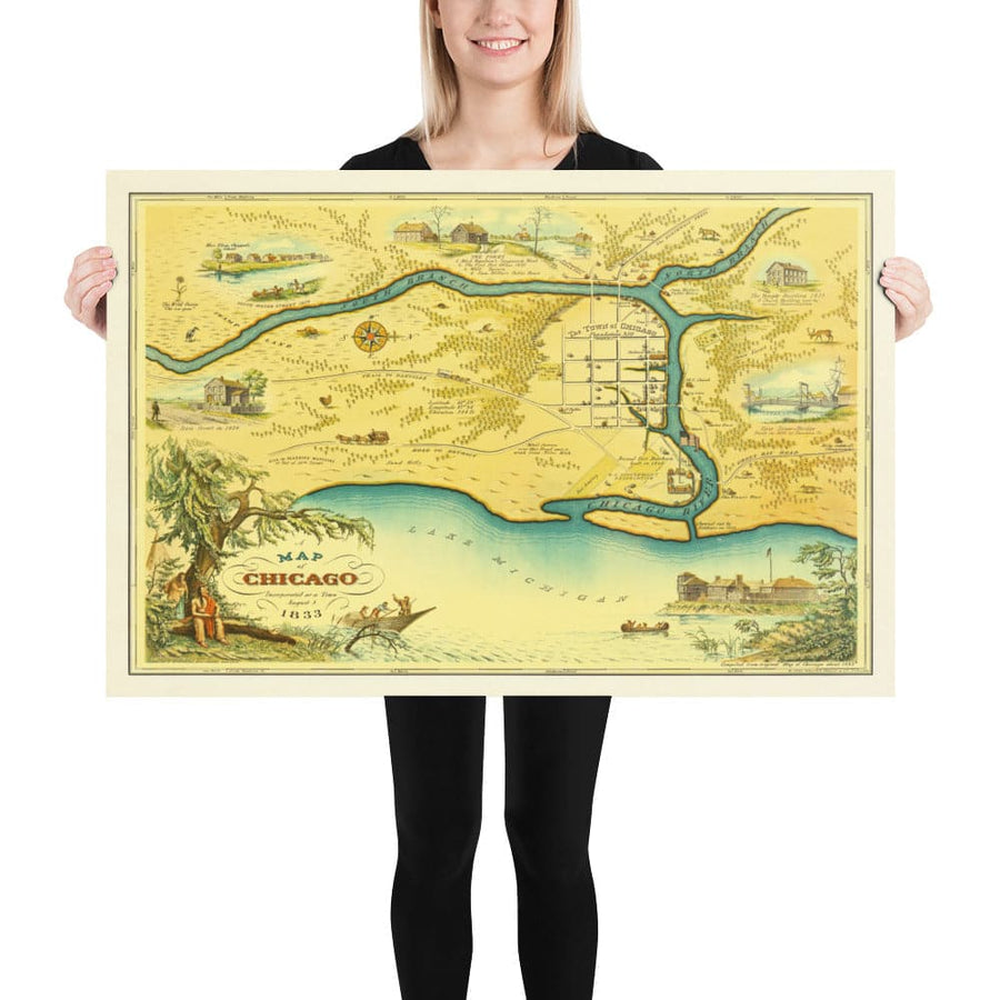 Mappa antica di Chicago, 1833 di Stelzer & Conley - 350 abitanti. Città - Lago Michigan, centro città, fiume Chicago 