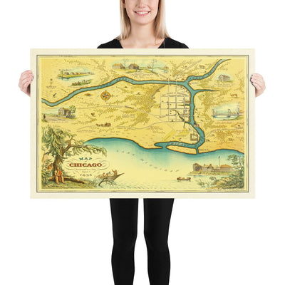 Old Map of Chicago, 1833 by Stelzer & Conley - 350 Pop. Town - Lake Michigan, Downtown, Chicago River