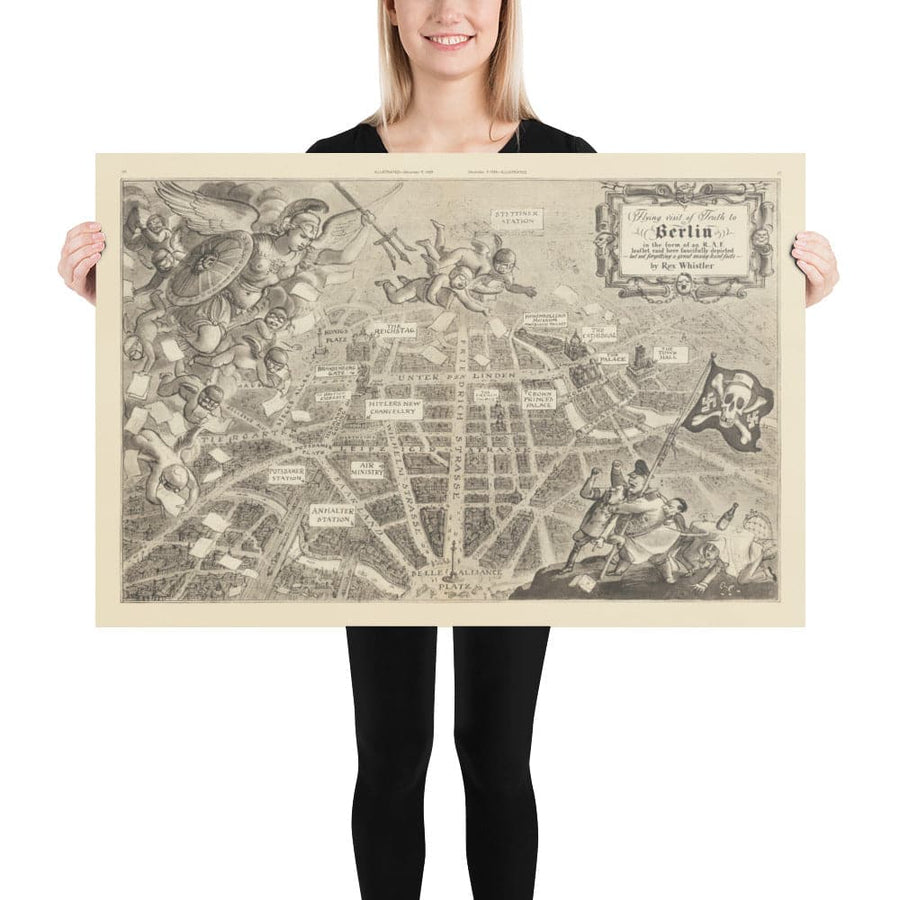 Old Map of Berlin, 1939 by Rex Whistler - Satirical World War 2 Propaganda - Hitler, Goebbels, Cherubs, Goddess Britannia