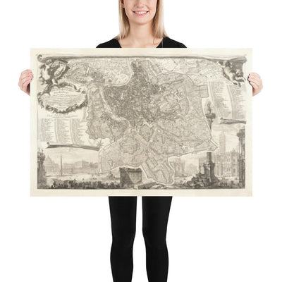 Rare ancienne carte de Rome, Italie par Nolli & Piranesi, 1748 - Vatican, Basilique St Peter, Trevi Fountain, Colosseum