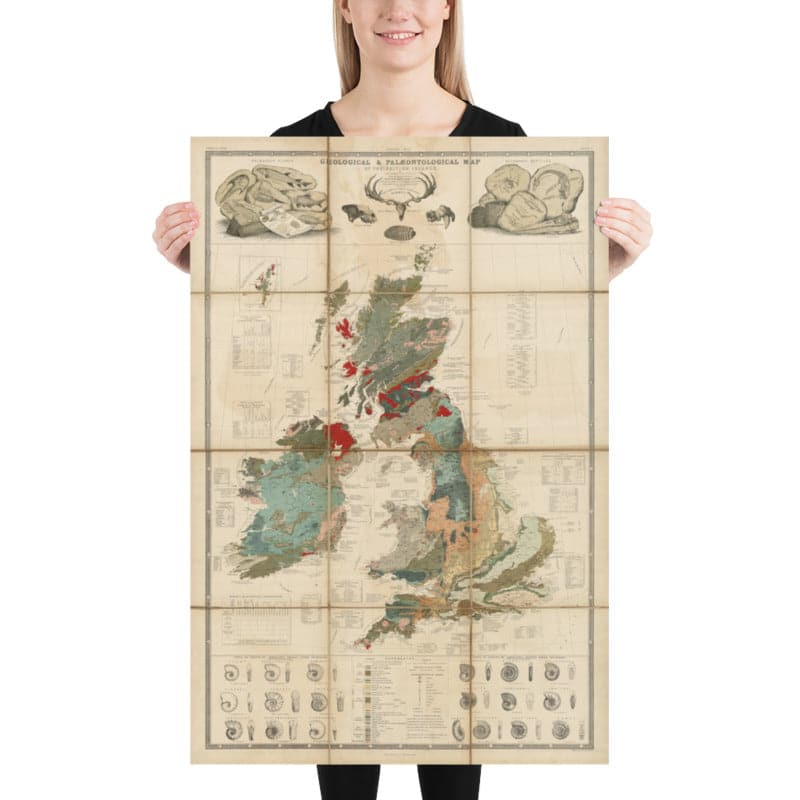 Old Geology & Fossil Map of the British Isles, 1854, by A.K. Johnston and Edward Forbes - UK, Scotland, Ireland, Palaeontology