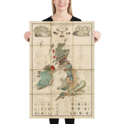 Old Geology & Fossil Map of the British Isles, 1854, by A.K. Johnston and Edward Forbes - UK, Scotland, Ireland, Palaeontology