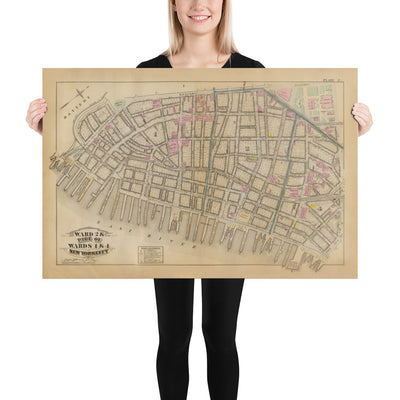 Antiguo mapa del distrito financiero y del centro cívico, 1879 - barrios de Manhattan, Wall St, Fulton St, East River, Ayuntamiento, Palacio de Justicia, Tesorería