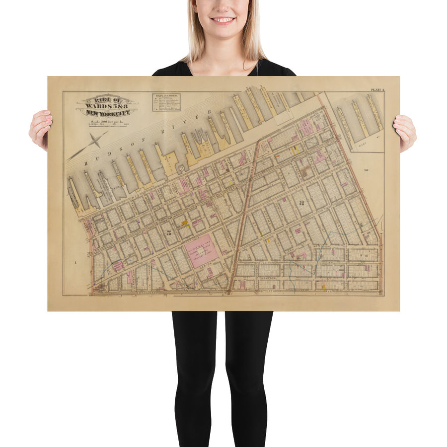 Mappa antica di Hudson Square e Tribeca, 1879 - Quartieri di Lower Manhattan NYC, Houston St, Holland Tunnel, Canal St, Varick St, Hudson St 