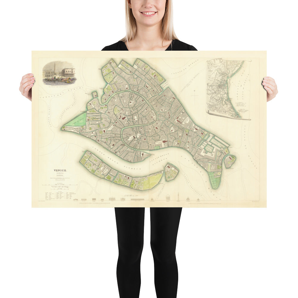 Carte ancienne de Venise, 1838 par W.B. Clarke & SDUK - Venezia, Lagune, Basilique St Marc, Grand Canal, Pont du Rialto