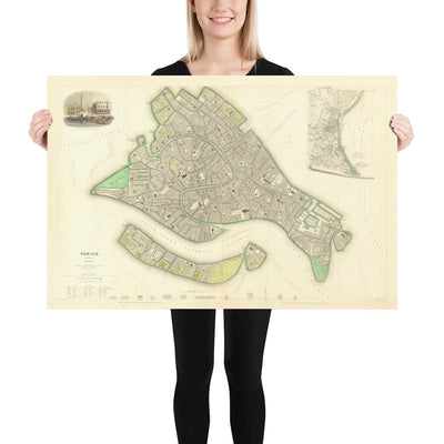 Carte ancienne de Venise, 1838 par W.B. Clarke & SDUK - Venezia, Lagune, Basilique St Marc, Grand Canal, Pont du Rialto