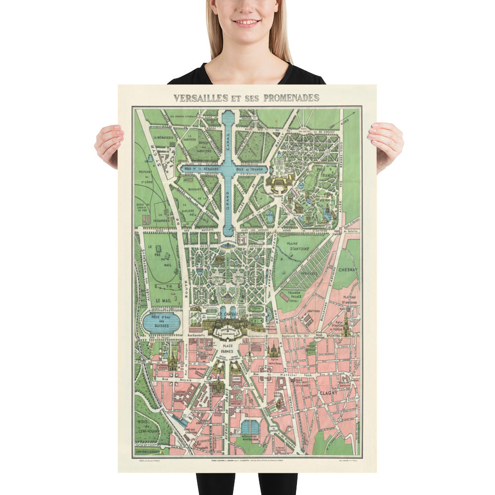 Mapa antiguo del Palacio de Versalles y sus jardines, 1920 por Leconte - París, Gran Canal, Rey Luis XIV, XV, XVI