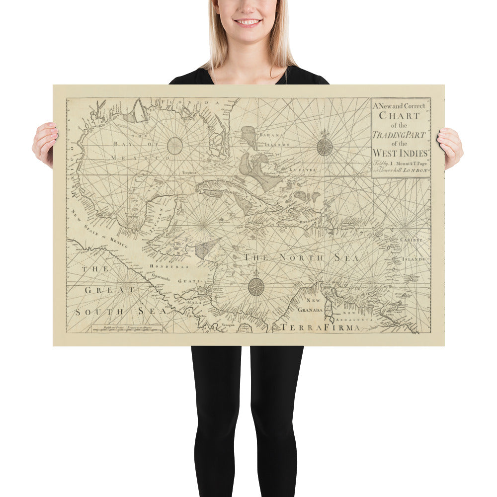 Alte Westindische Navigationskarte, 1730 von Page & Mount - Bahamas, Golf von Mexiko, Mittelamerika 