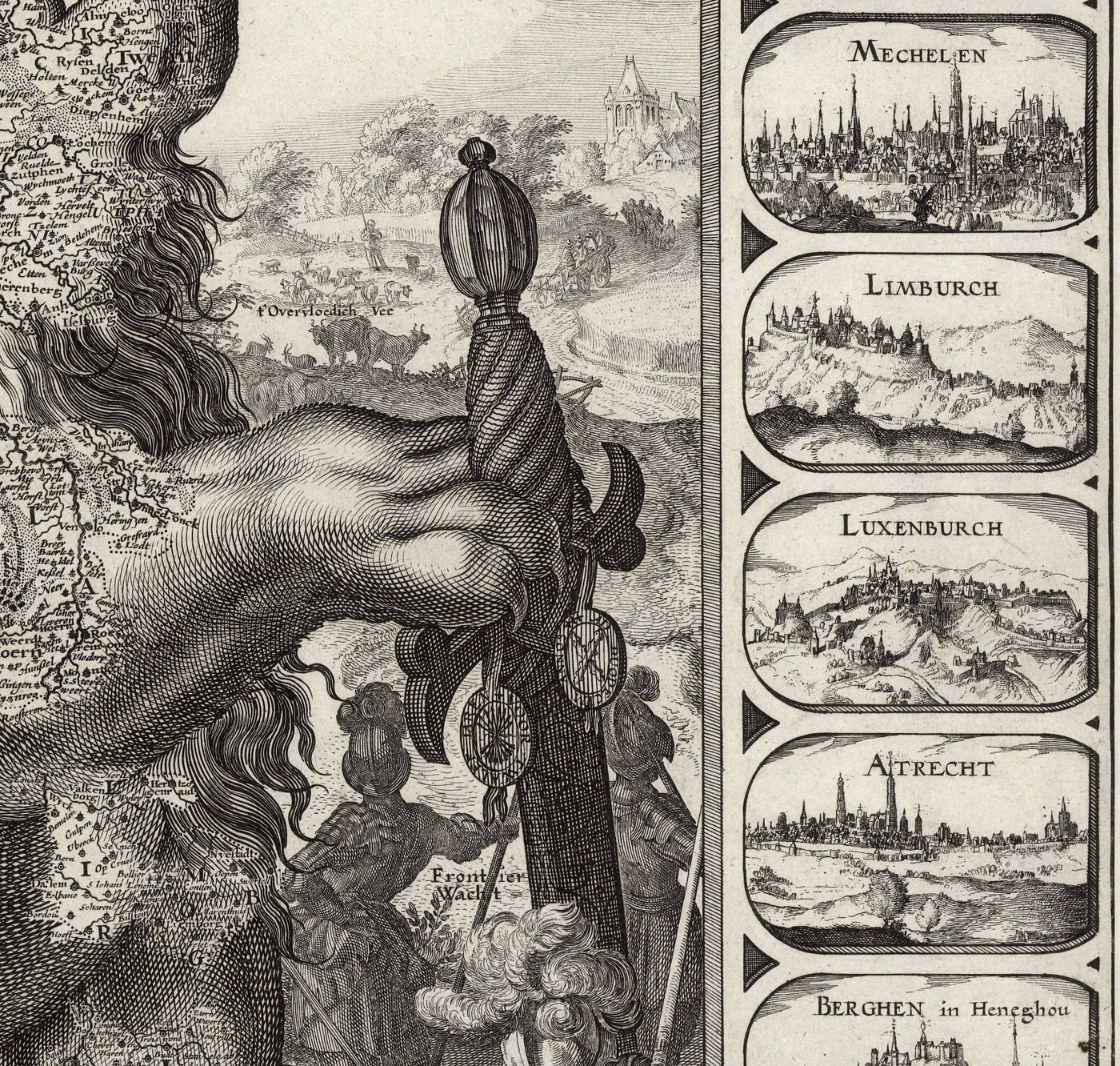 Antiguo mapa Leo Belgicus de los Países Bajos en 1611 por C. Janszoon Visscher - Países Bajos, Bélgica, Bruselas, Amsterdam, Genk