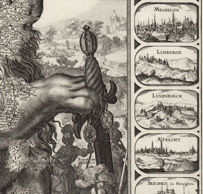 Antiguo mapa Leo Belgicus de los Países Bajos en 1611 por C. Janszoon Visscher - Países Bajos, Bélgica, Bruselas, Amsterdam, Genk