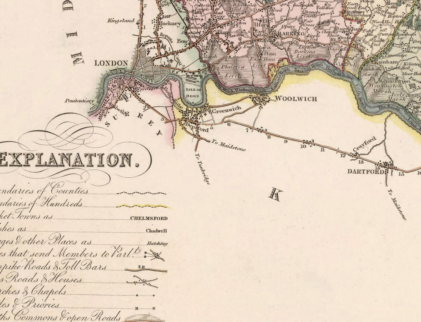 Ancienne carte d'Essex, 1831 par Greenwood & Co. - Southend, Colchester, Chelmsford, Romford, Dagenham, Brentwood, Basildon