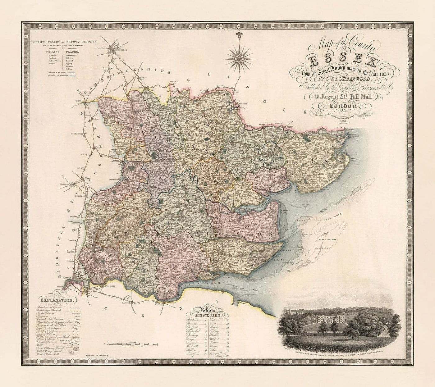 Ancienne carte d'Essex, 1831 par Greenwood & Co. - Southend, Colchester, Chelmsford, Romford, Dagenham, Brentwood, Basildon