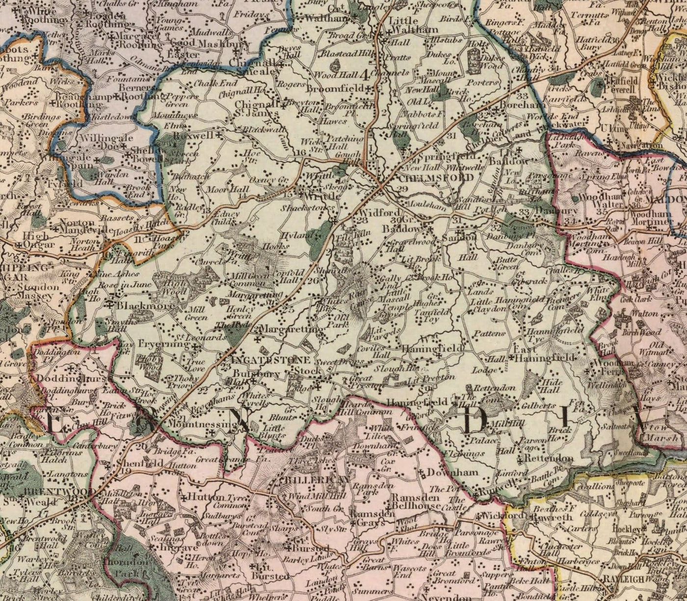 Ancienne carte d'Essex, 1831 par Greenwood & Co. - Southend, Colchester, Chelmsford, Romford, Dagenham, Brentwood, Basildon