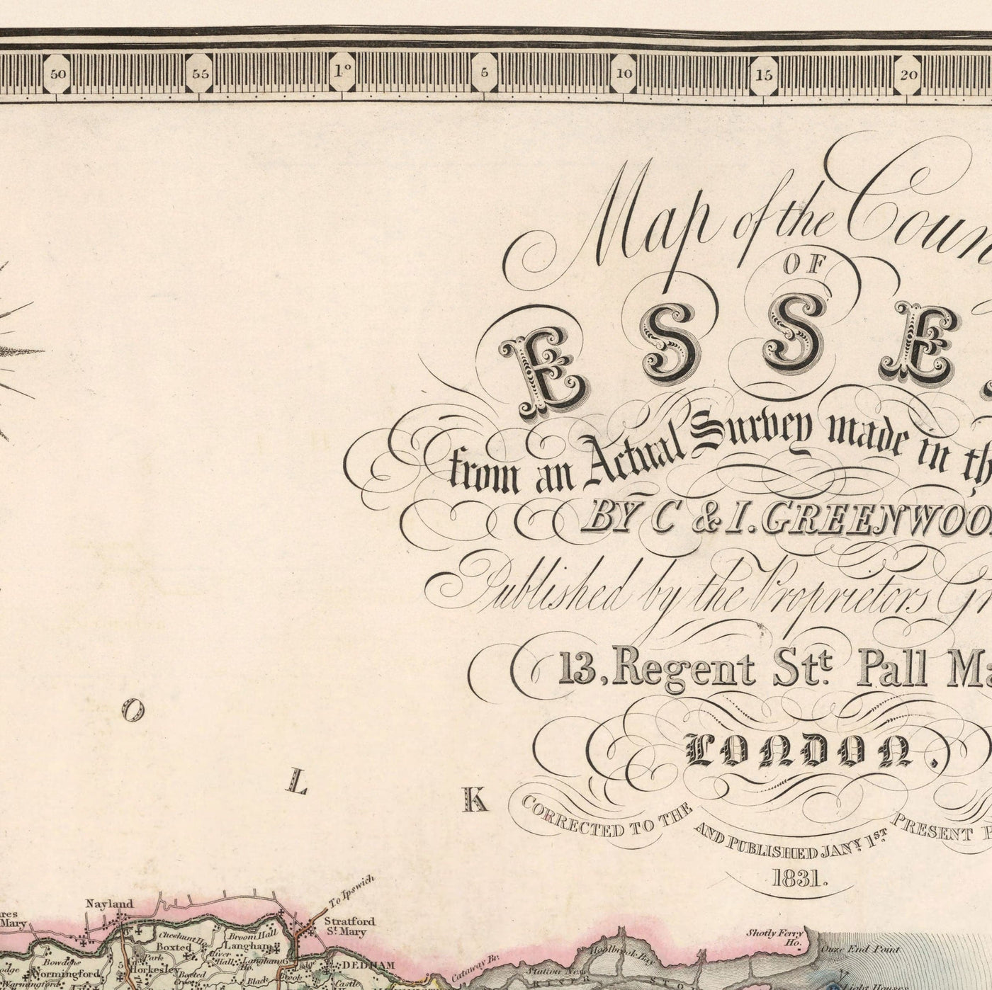 Ancienne carte d'Essex, 1831 par Greenwood & Co. - Southend, Colchester, Chelmsford, Romford, Dagenham, Brentwood, Basildon