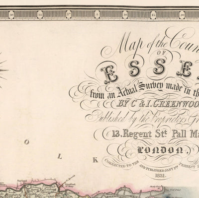 Ancienne carte d'Essex, 1831 par Greenwood & Co. - Southend, Colchester, Chelmsford, Romford, Dagenham, Brentwood, Basildon