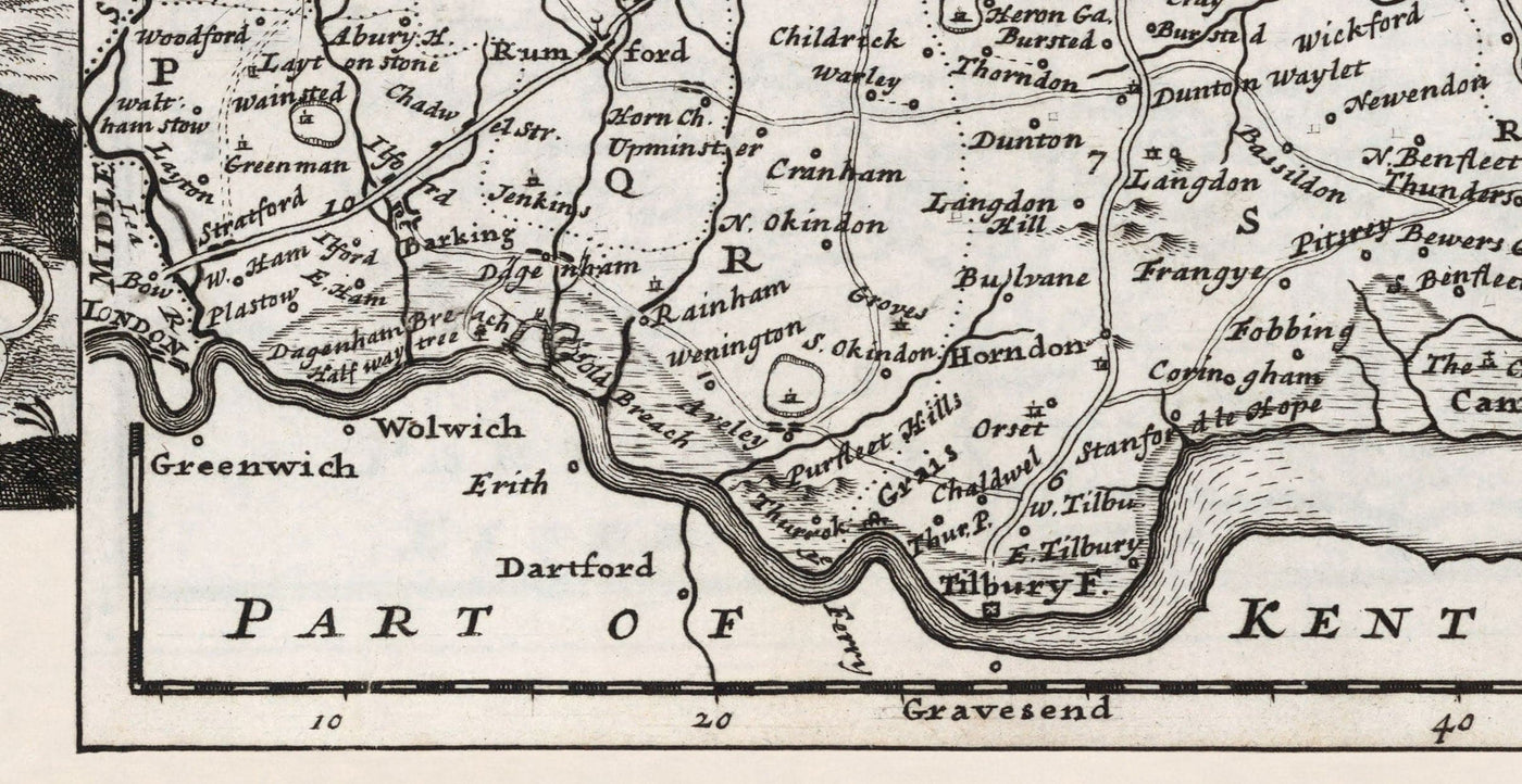 Old Map of Essex 1724, by Herman Moll - Southend, Colchester, Chelmsford, Basildon, Romford