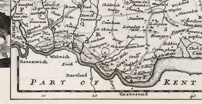 Old Map of Essex 1724, by Herman Moll - Southend, Colchester, Chelmsford, Basildon, Romford