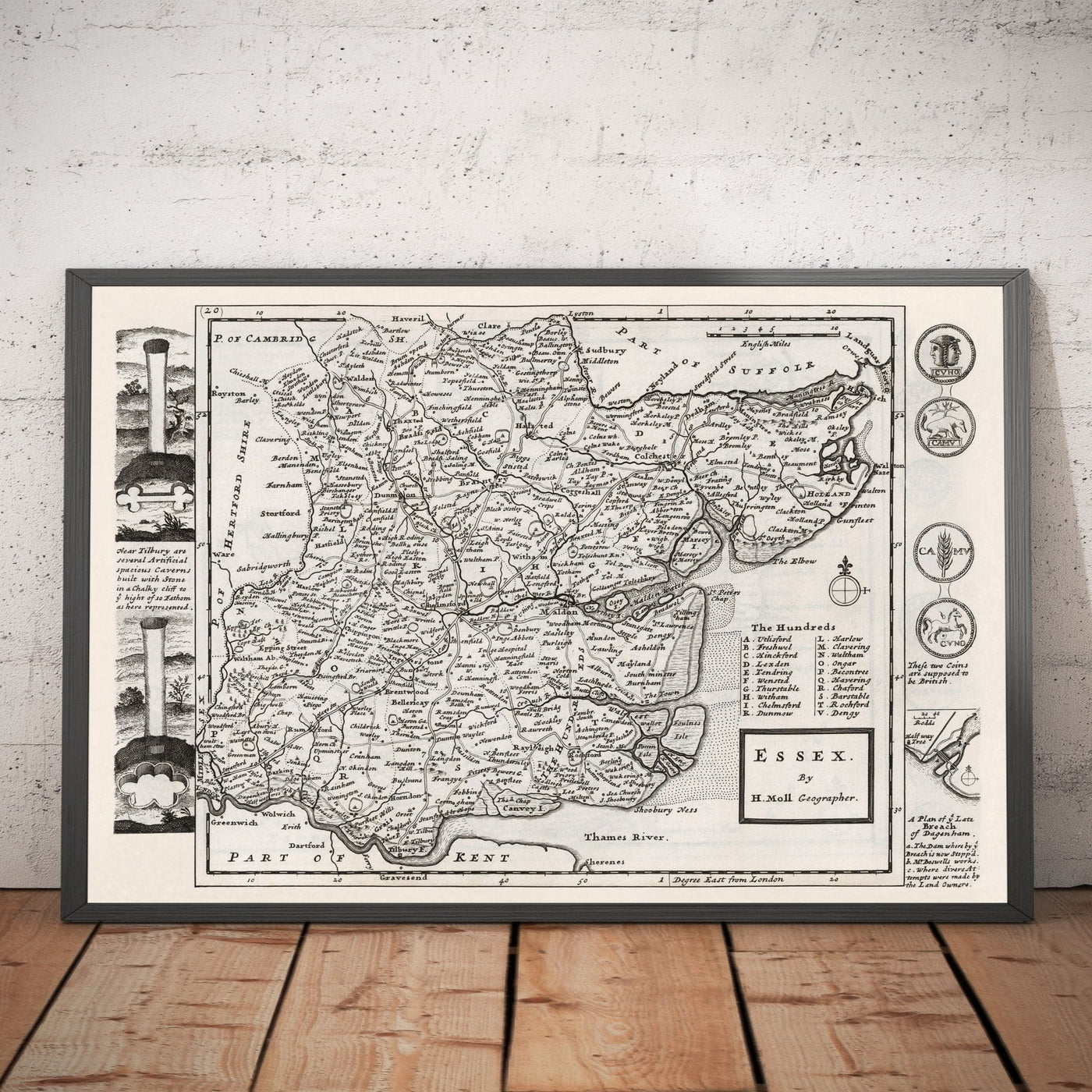 Old Map of Essex 1724, by Herman Moll - Southend, Colchester, Chelmsford, Basildon, Romford
