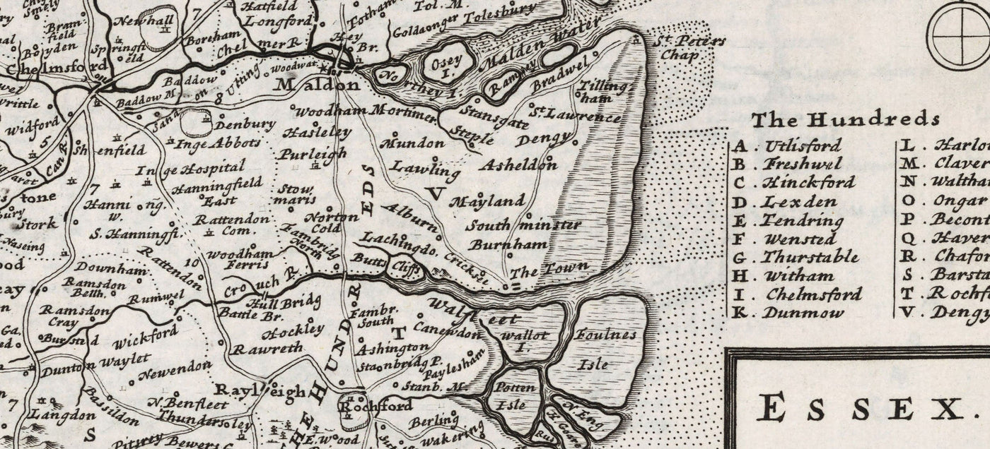Old Map of Essex 1724, by Herman Moll - Southend, Colchester, Chelmsford, Basildon, Romford