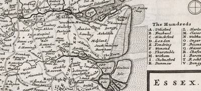 Old Map of Essex 1724, by Herman Moll - Southend, Colchester, Chelmsford, Basildon, Romford