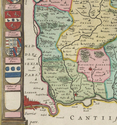 Old Map of Essex, 1665 by Joan Blaeu - Southend, Colchester, Chelmsford, Basildon, Romford, Braintree, North London