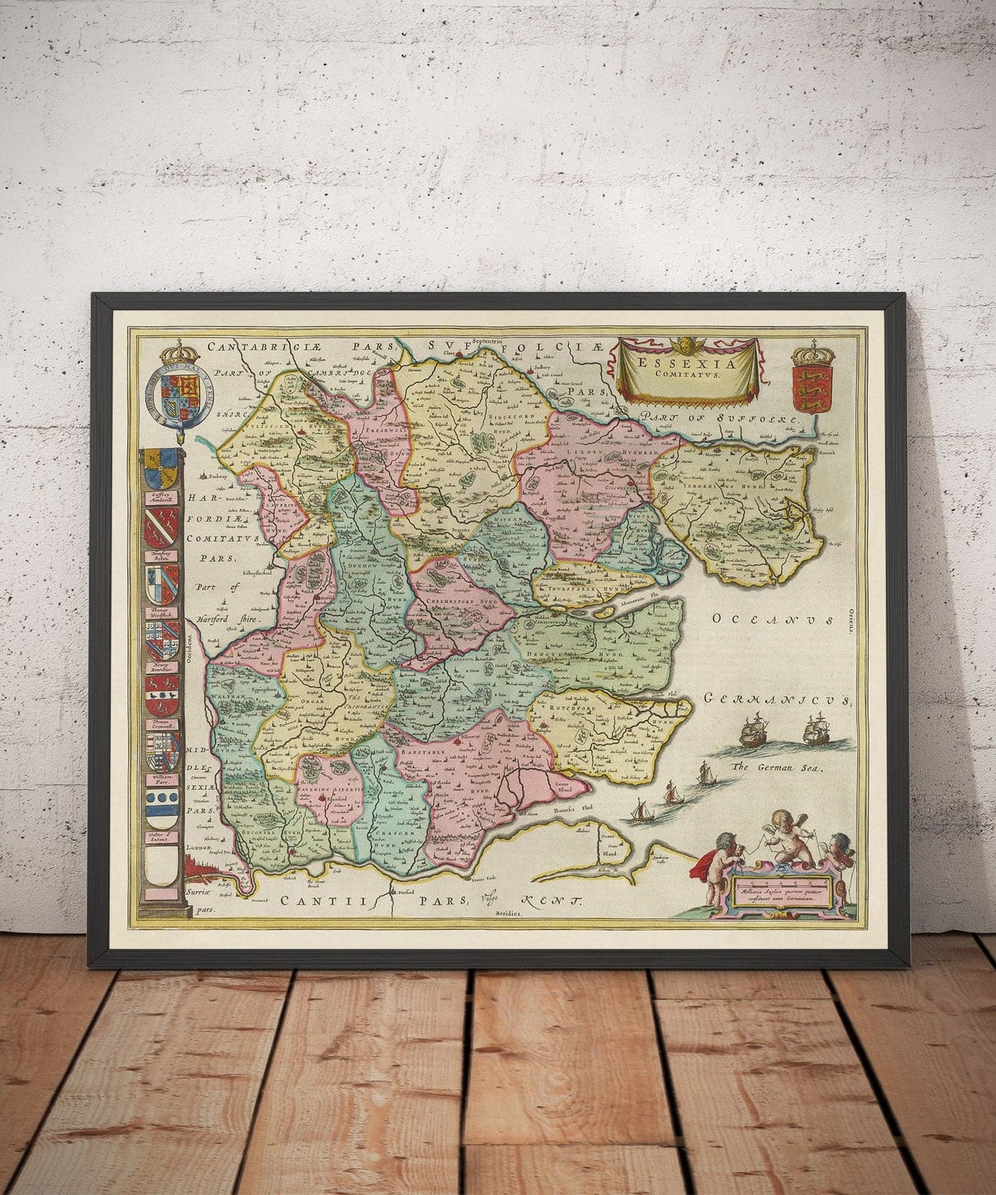 Old Map of Essex, 1665 by Joan Blaeu - Southend, Colchester, Chelmsford, Basildon, Romford, Braintree, North London
