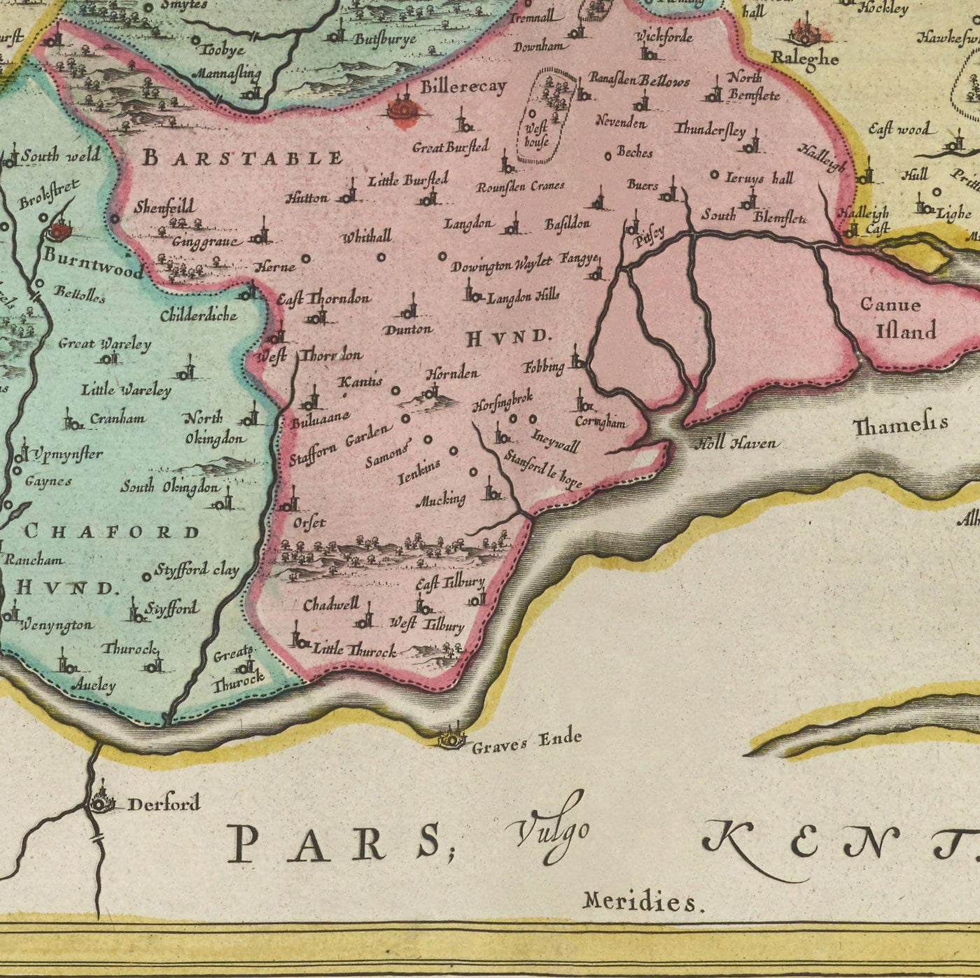 Old Map of Essex, 1665 by Joan Blaeu - Southend, Colchester, Chelmsford, Basildon, Romford, Braintree, North London
