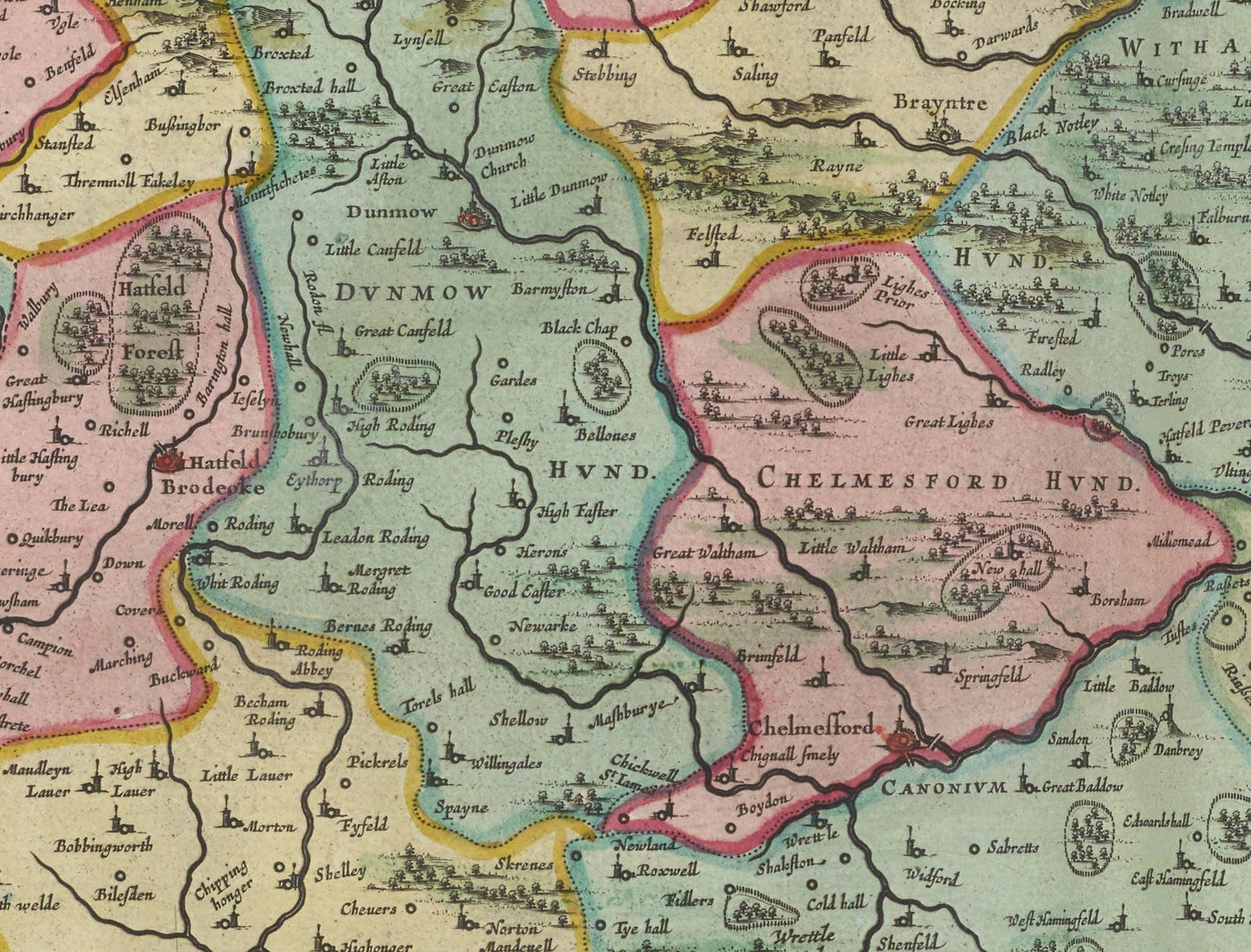 Old Map of Essex, 1665 by Joan Blaeu - Southend, Colchester, Chelmsford, Basildon, Romford, Braintree, North London