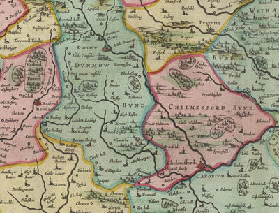 Old Map of Essex, 1665 by Joan Blaeu - Southend, Colchester, Chelmsford, Basildon, Romford, Braintree, North London