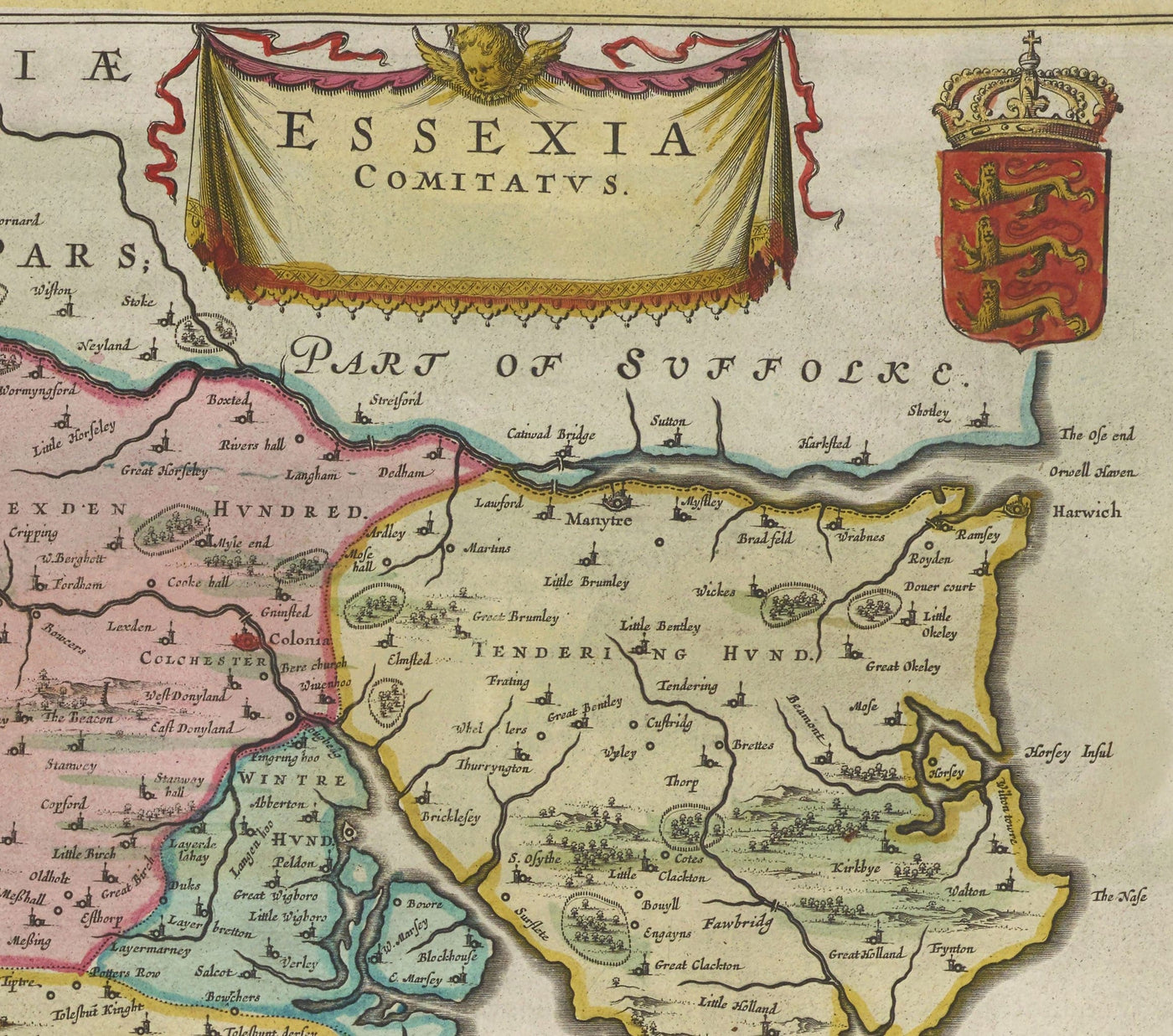 Old Map of Essex, 1665 by Joan Blaeu - Southend, Colchester, Chelmsford, Basildon, Romford, Braintree, North London